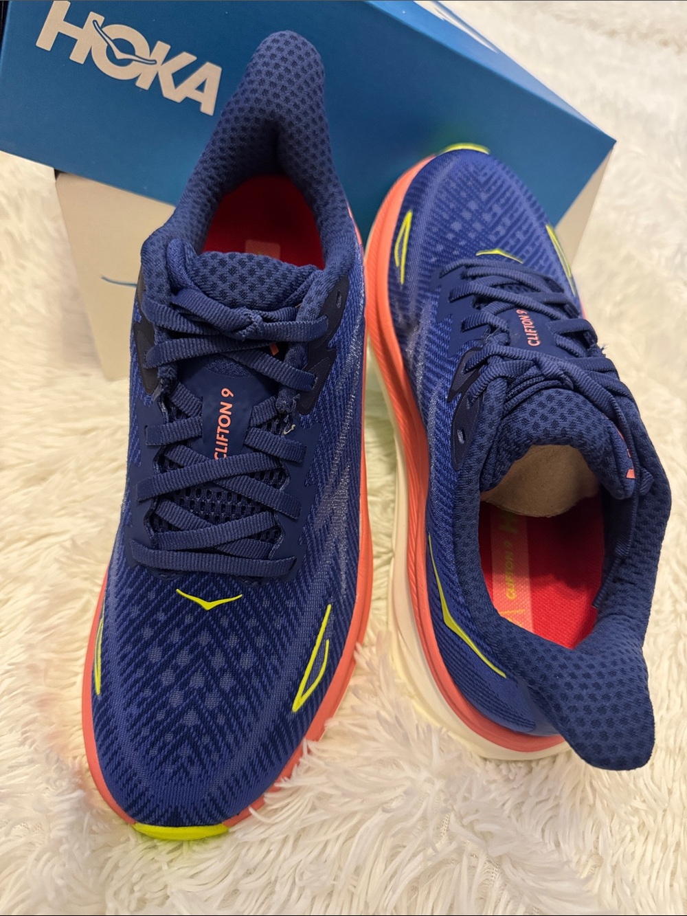 New Hoka women’s Athletic Shoes in Navy with Coral and Neon Yellow Accents